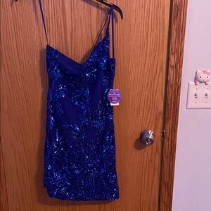 Blue Sequin One Shoulder Strap Dress